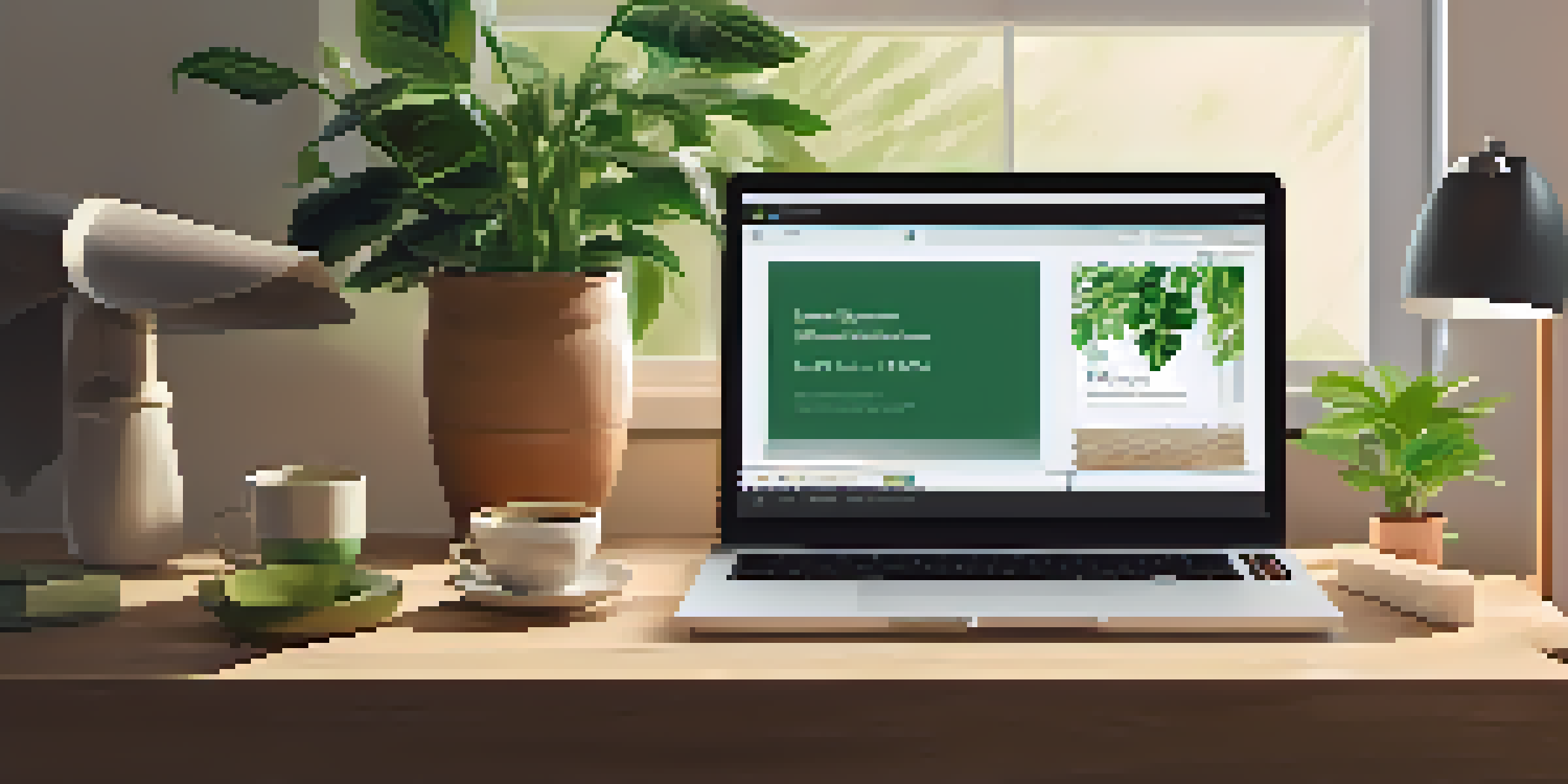 A modern digital workspace with a laptop, plants, and coffee cup in warm natural light.