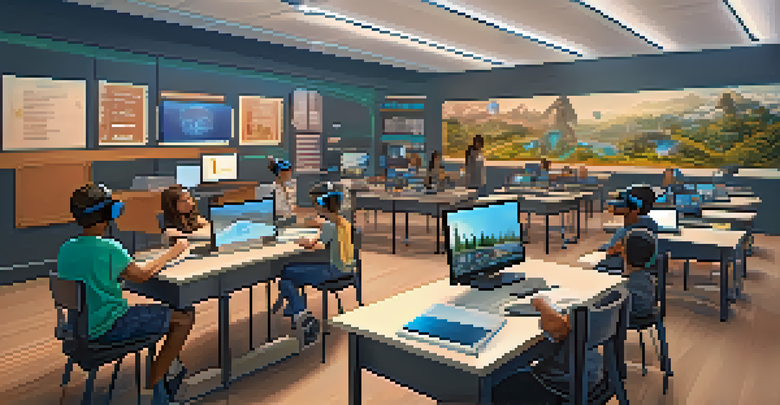A modern classroom with students exploring virtual reality and AI tools for an interactive learning experience.