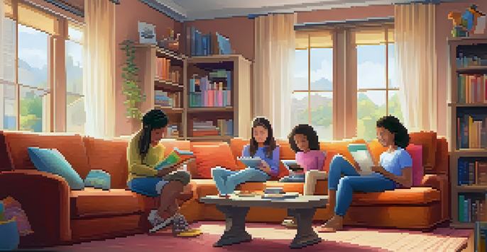 A family sitting in a living room, using tablets for educational activities together, surrounded by books and a sunny window.