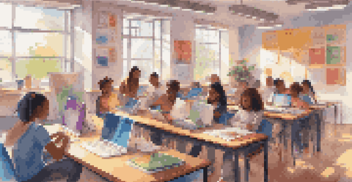 A digital classroom with diverse students participating in an online learning session, featuring bright sunlight and colorful decorations.