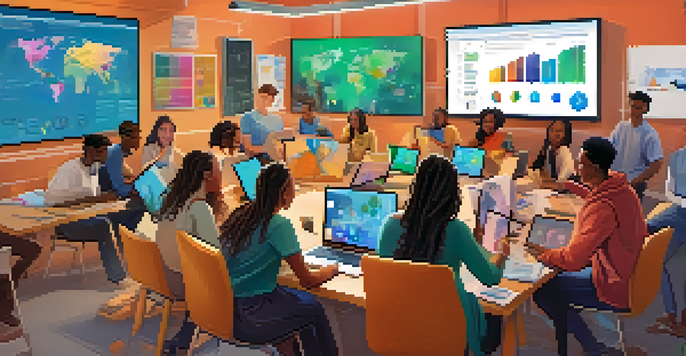 A diverse group of students participating in a lively video call, discussing an environmental science project with colorful charts visible on their screens.