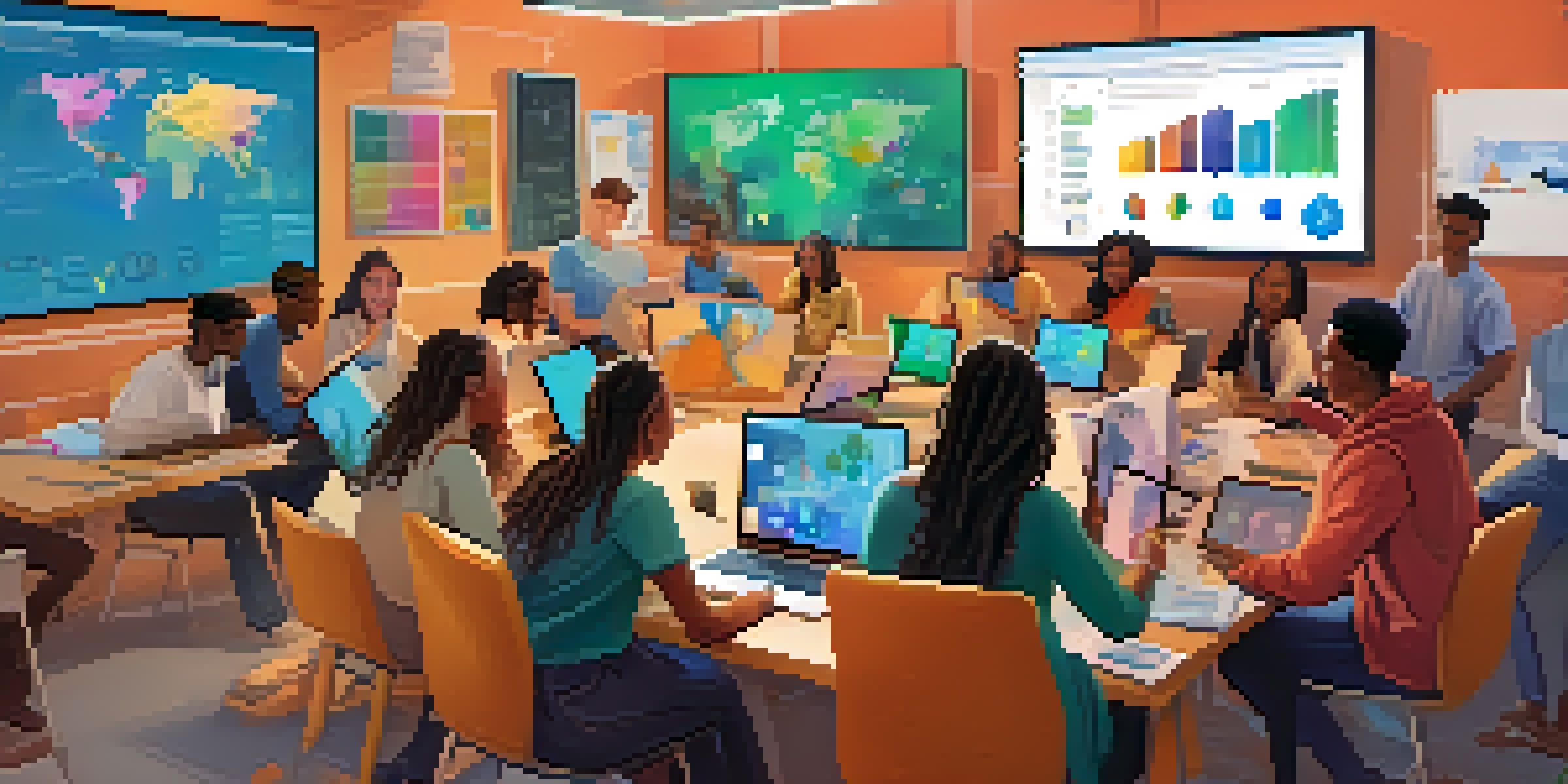 A diverse group of students participating in a lively video call, discussing an environmental science project with colorful charts visible on their screens.