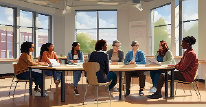 A group of diverse educators in a circle, discussing in a bright classroom filled with natural light, showing expressions of concentration and empathy.