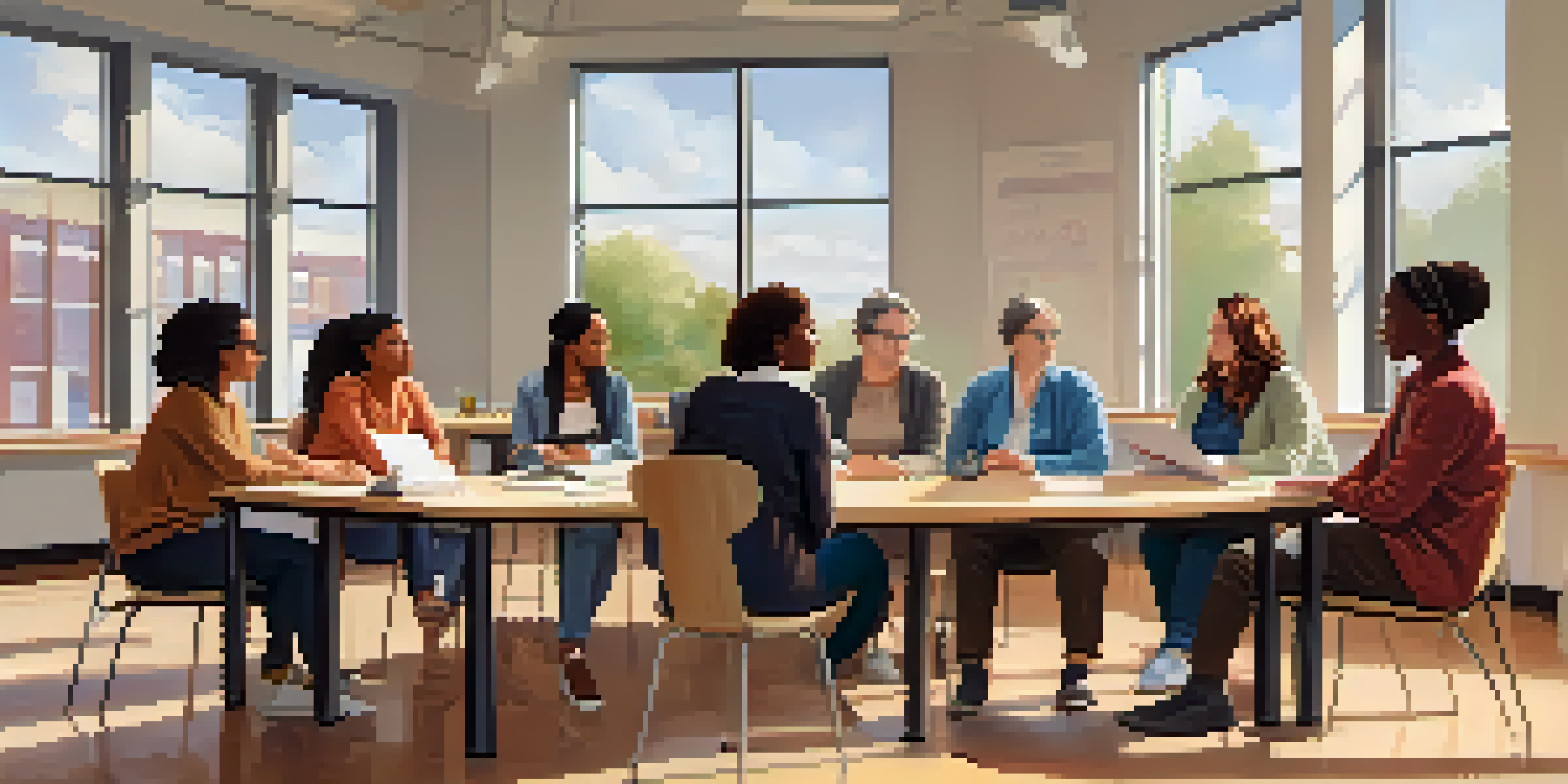 A group of diverse educators in a circle, discussing in a bright classroom filled with natural light, showing expressions of concentration and empathy.