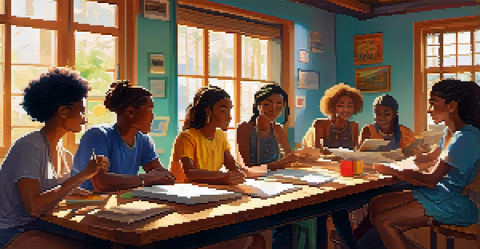 A diverse group of friends collaborating on a storytelling project at a wooden table, surrounded by notebooks and laptops, with sunlight filtering through a window.