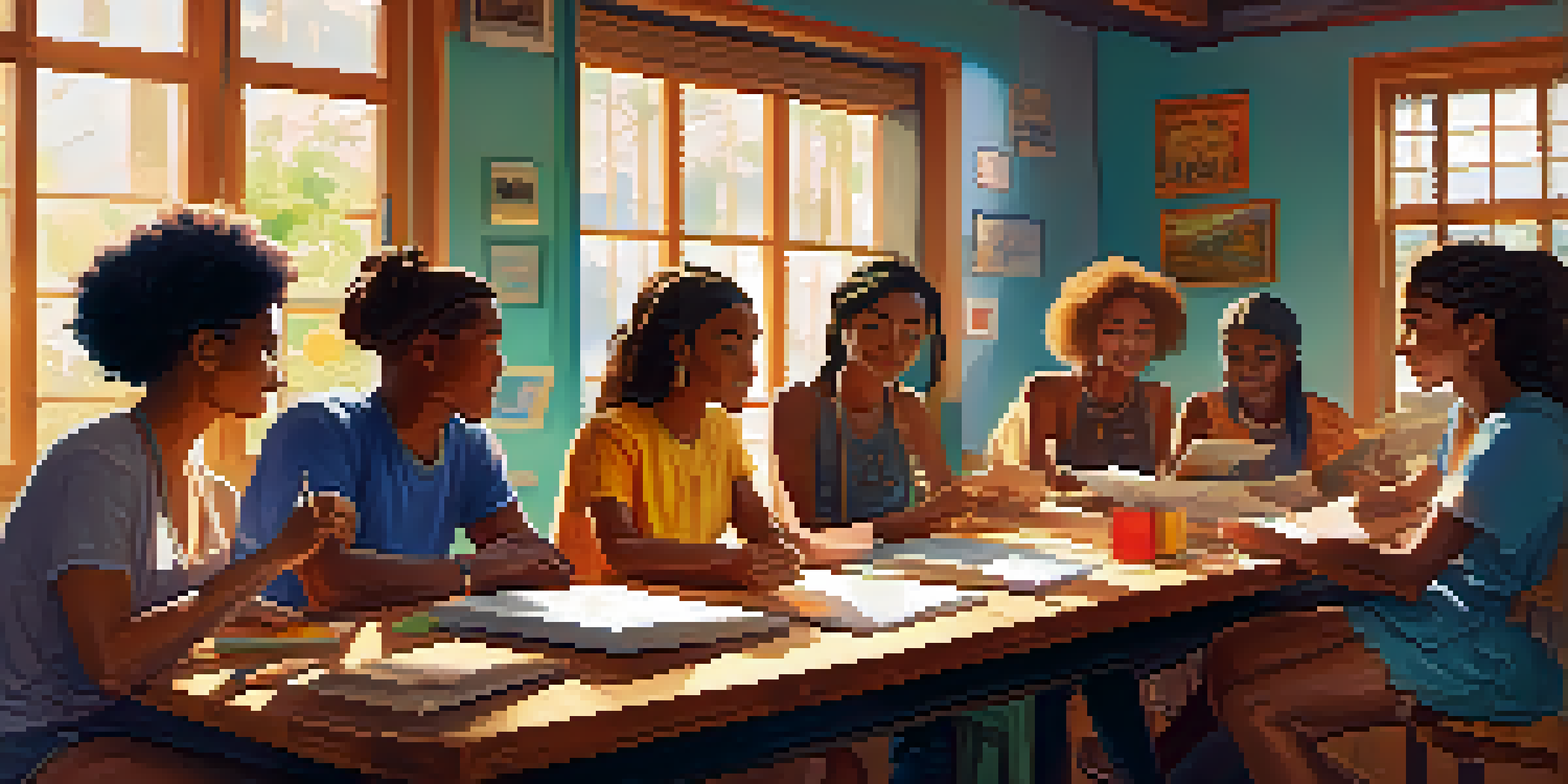 A diverse group of friends collaborating on a storytelling project at a wooden table, surrounded by notebooks and laptops, with sunlight filtering through a window.