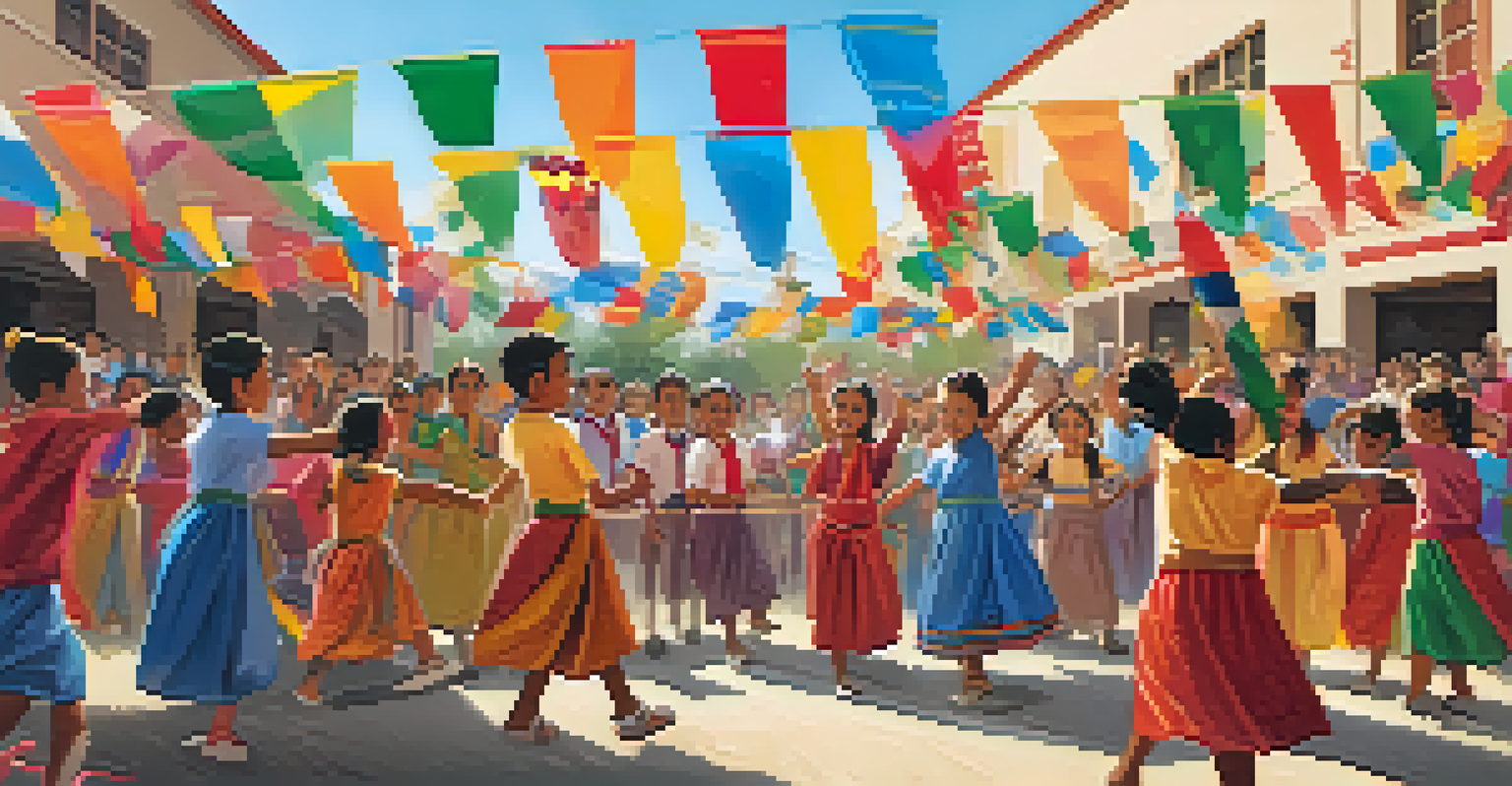 A vibrant school celebration showcasing cultural diversity with students dancing and crafting, surrounded by colorful decorations.