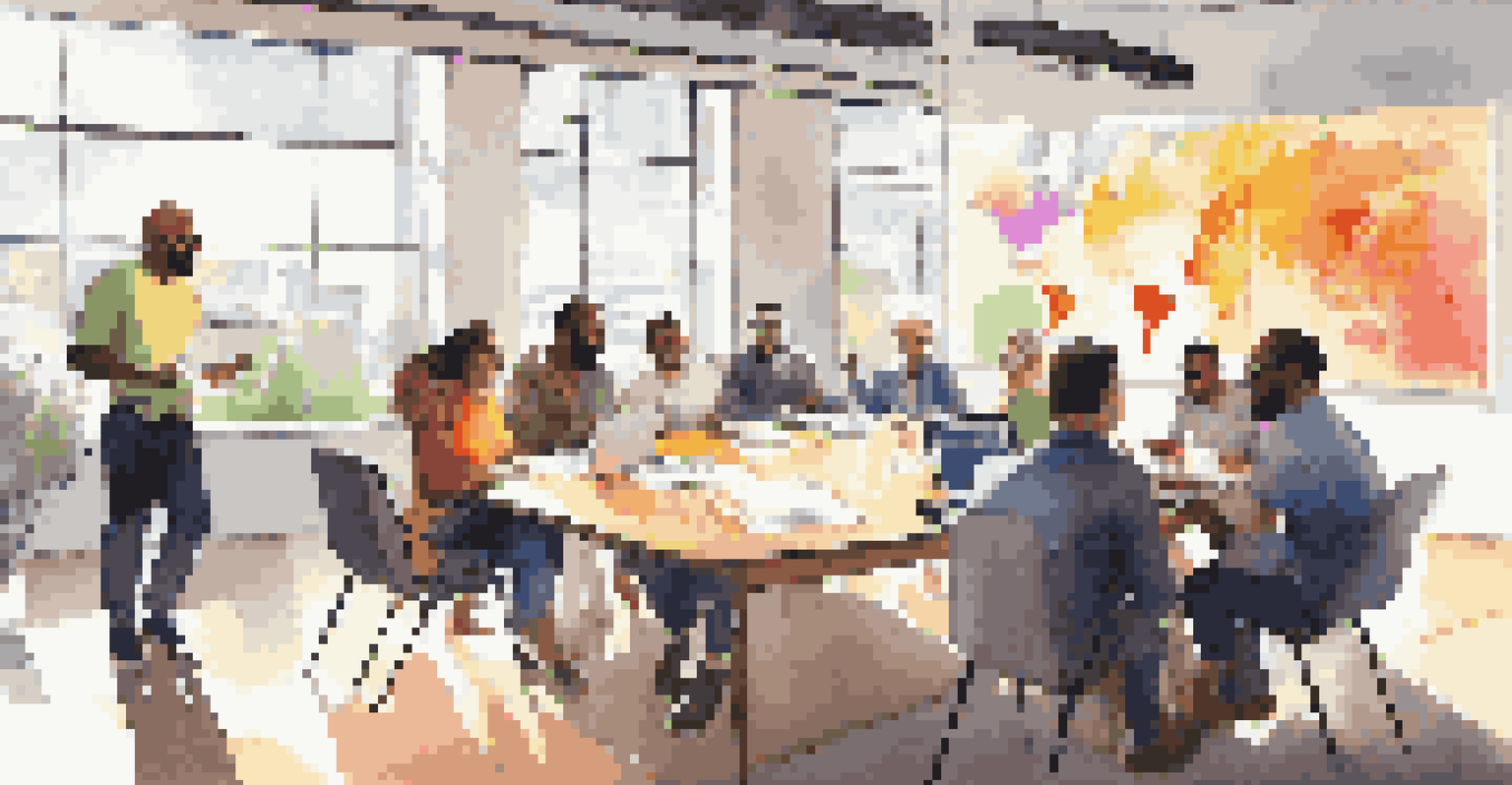A diverse group of people in a meeting room, collaborating over laptops and colorful charts, illuminated by sunlight.