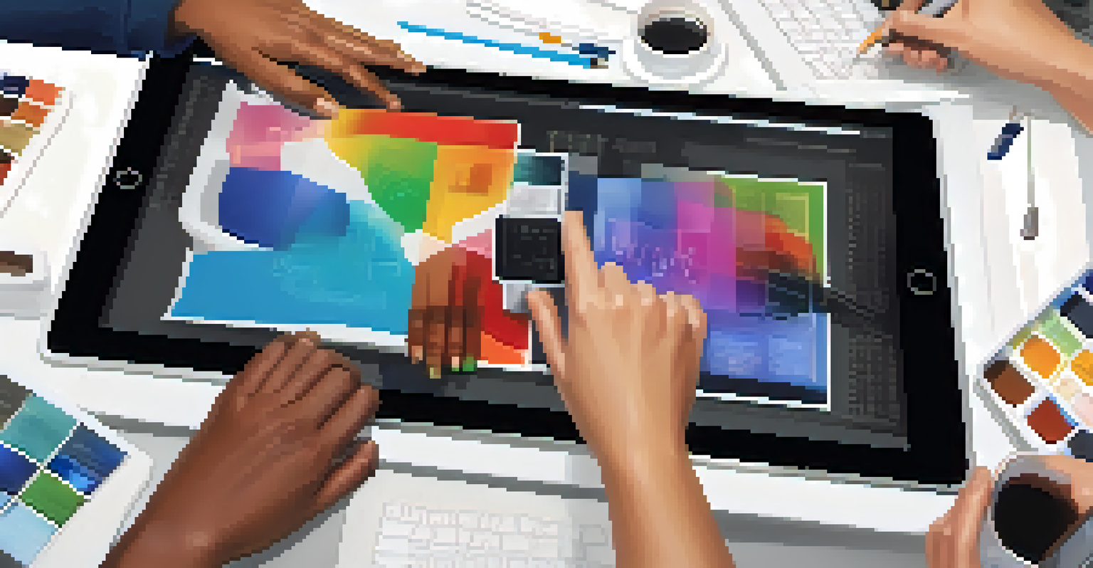 Close-up of diverse hands collaborating on a digital tablet in a modern workspace, emphasizing teamwork and technology.