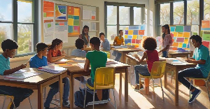 A diverse group of students collaborating in a bright classroom filled with educational materials and sunlight.