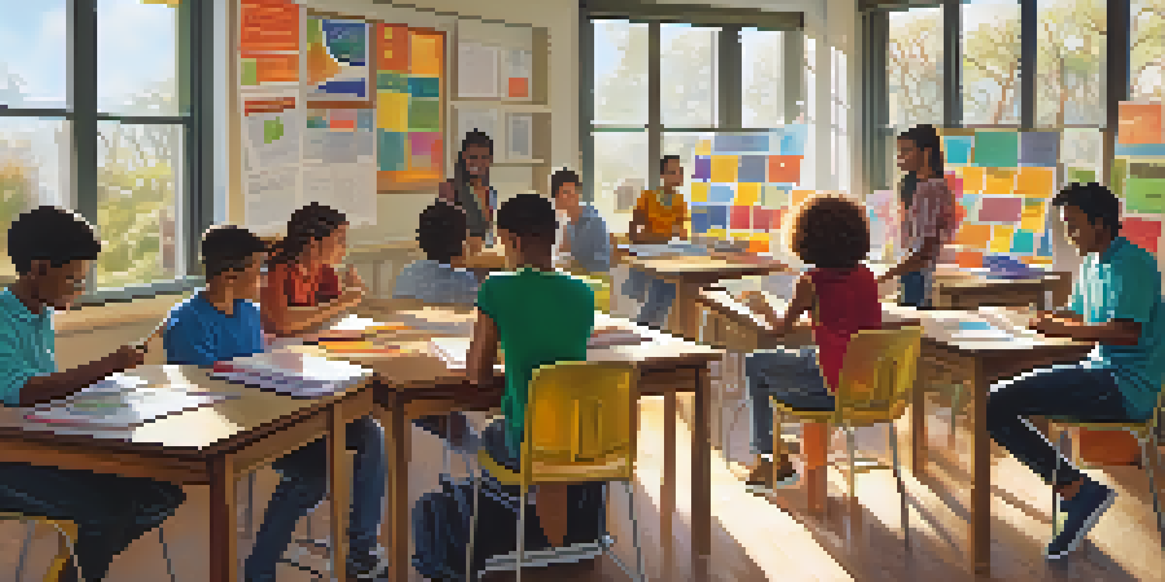 A diverse group of students collaborating in a bright classroom filled with educational materials and sunlight.