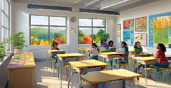 A vibrant classroom filled with natural light, featuring a teacher interacting with diverse students in a supportive environment.
