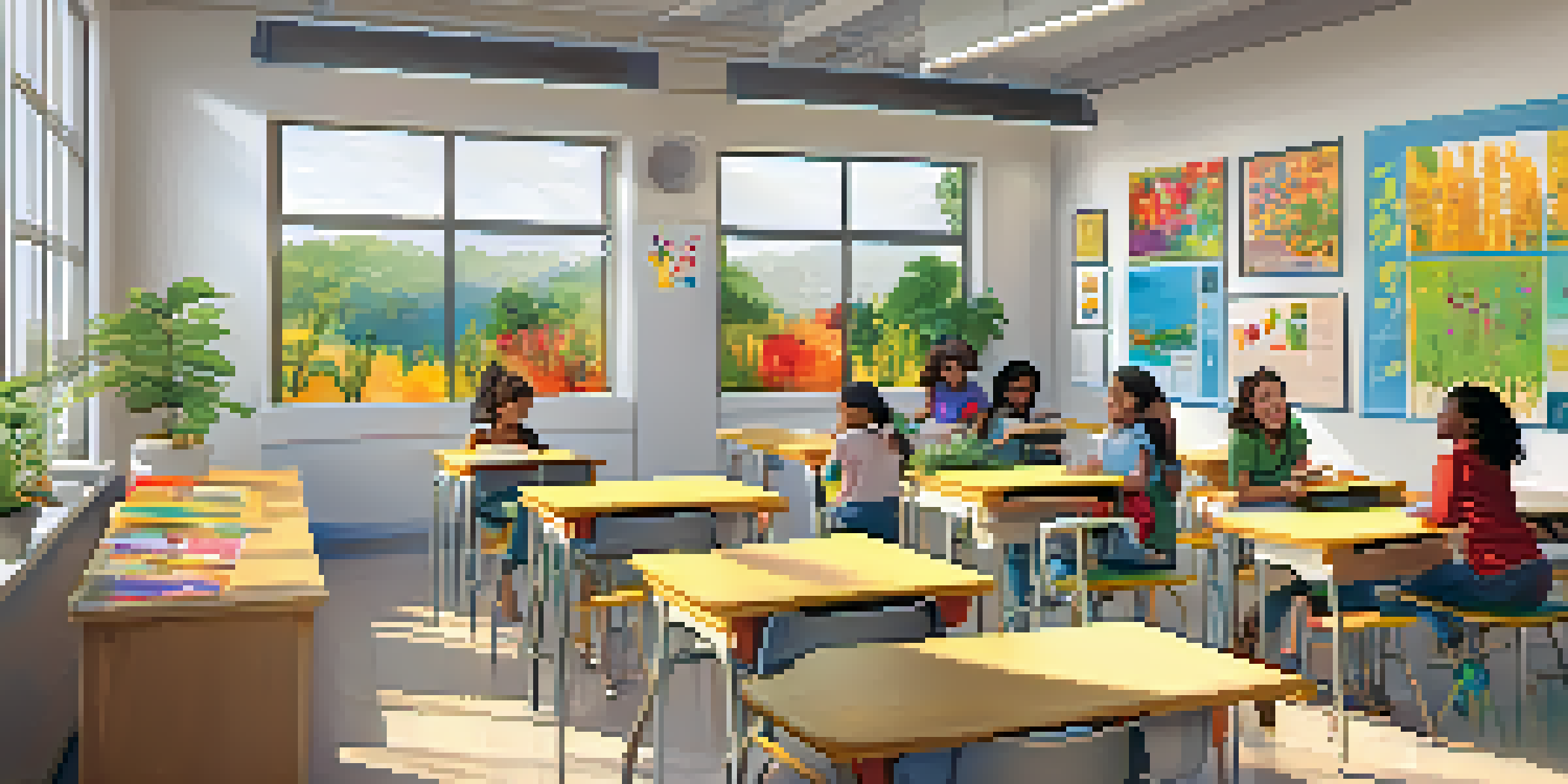A vibrant classroom filled with natural light, featuring a teacher interacting with diverse students in a supportive environment.