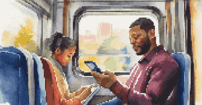 A person studying on a smartphone while commuting on a train, surrounded by other passengers, with morning light coming through the windows.