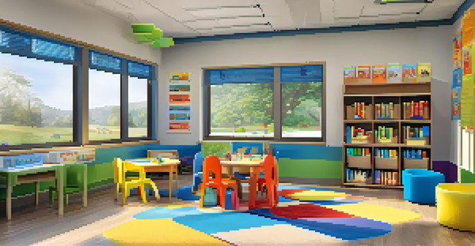 A bright and colorful classroom filled with different learning stations, including a reading nook and science experiment area, with children exploring various activities.