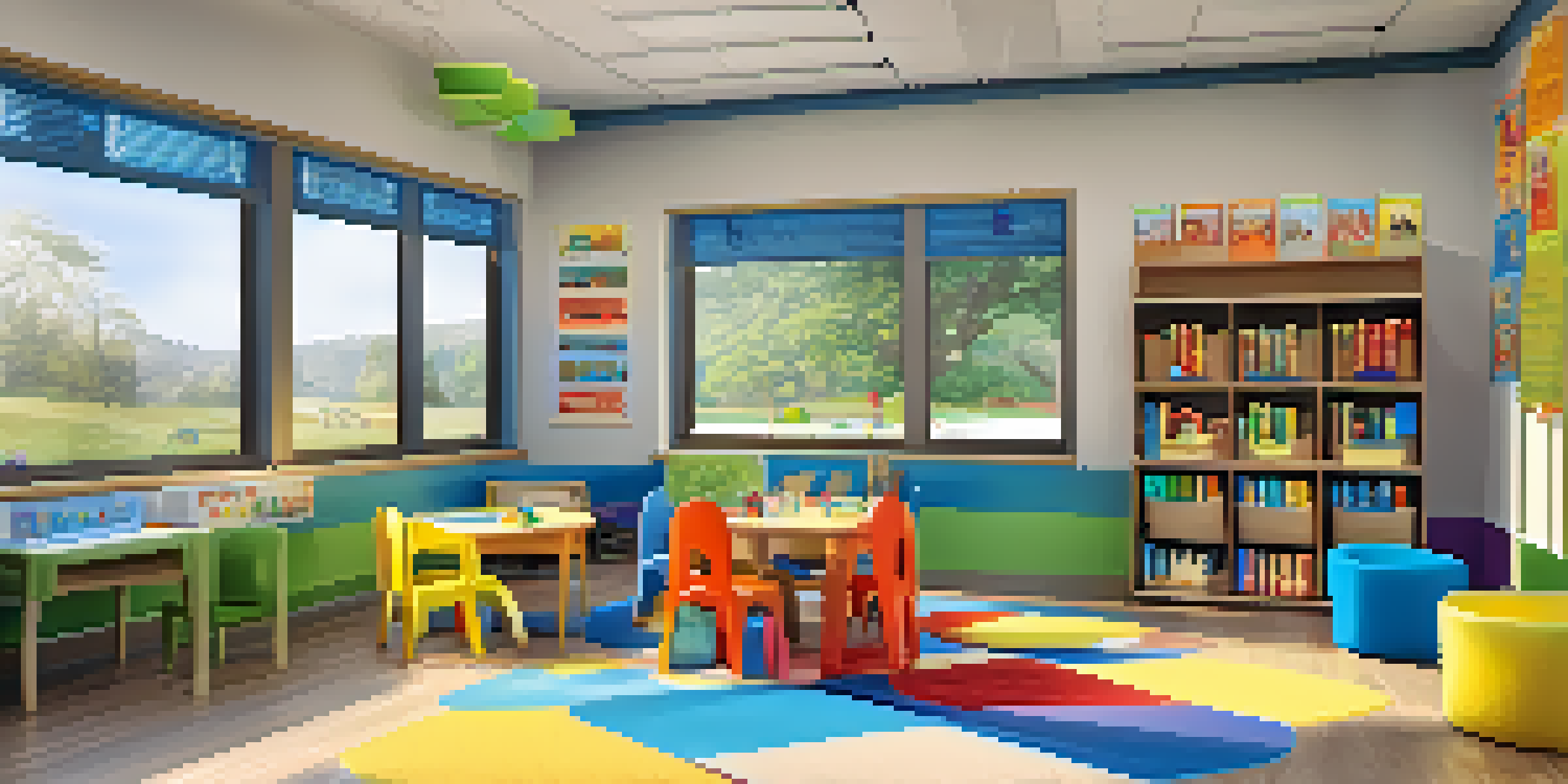 A bright and colorful classroom filled with different learning stations, including a reading nook and science experiment area, with children exploring various activities.