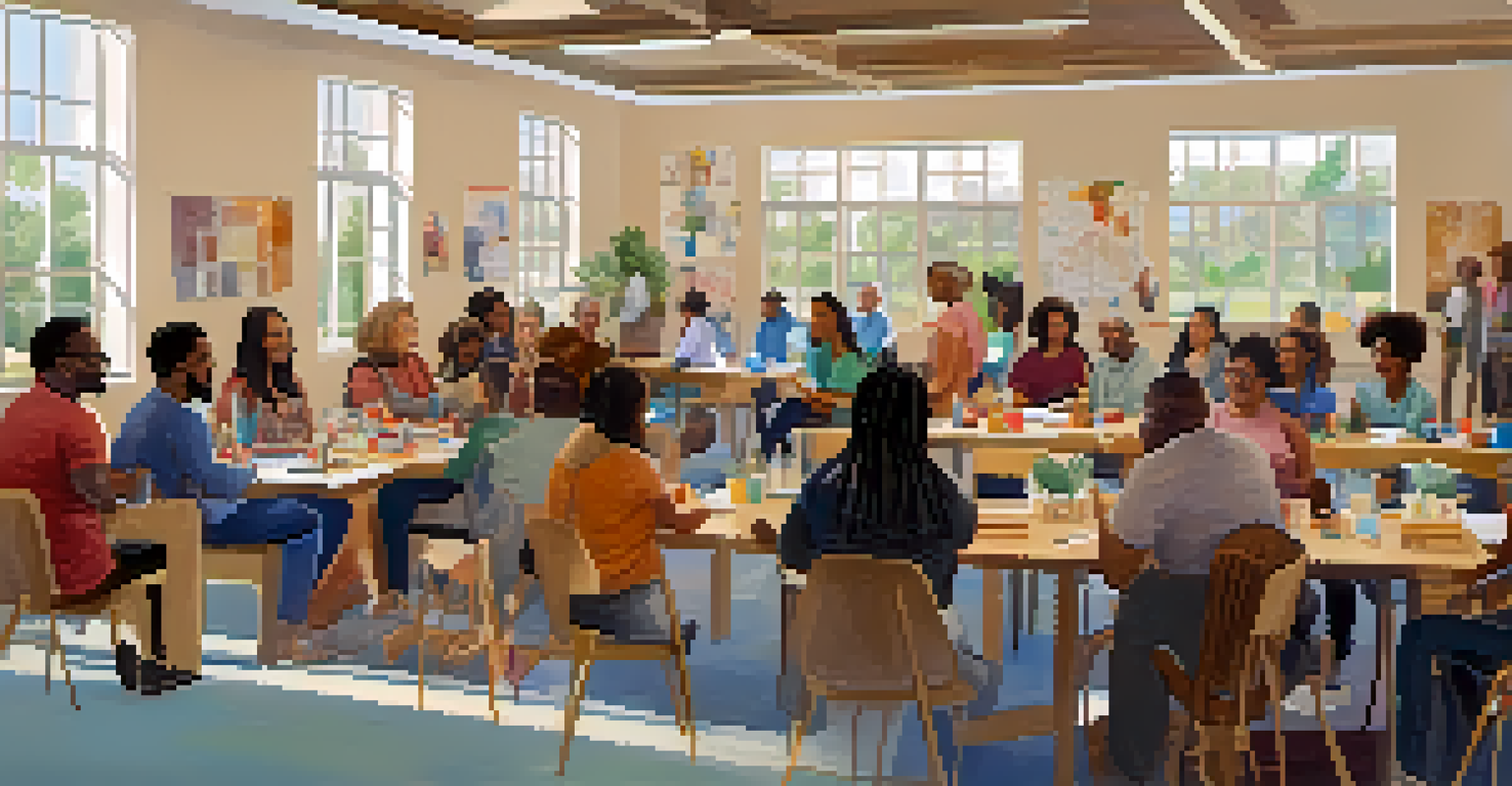 A community workshop where families discuss inclusivity, showcasing engagement and support in a collaborative environment.