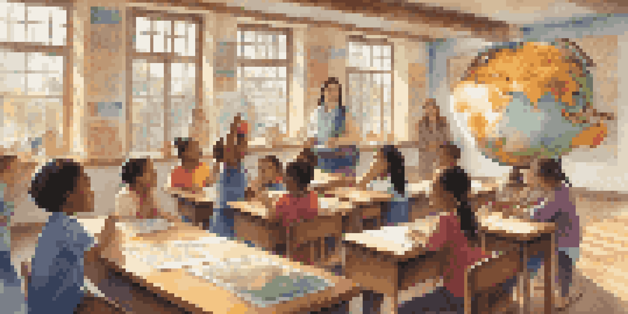 A classroom filled with students of various backgrounds, engaged in learning about global citizenship with a teacher.