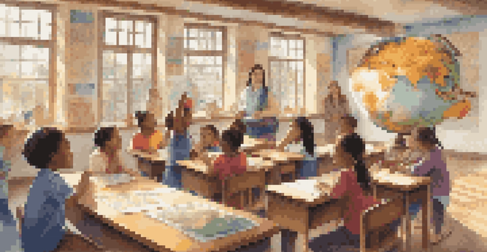 A classroom filled with students of various backgrounds, engaged in learning about global citizenship with a teacher.