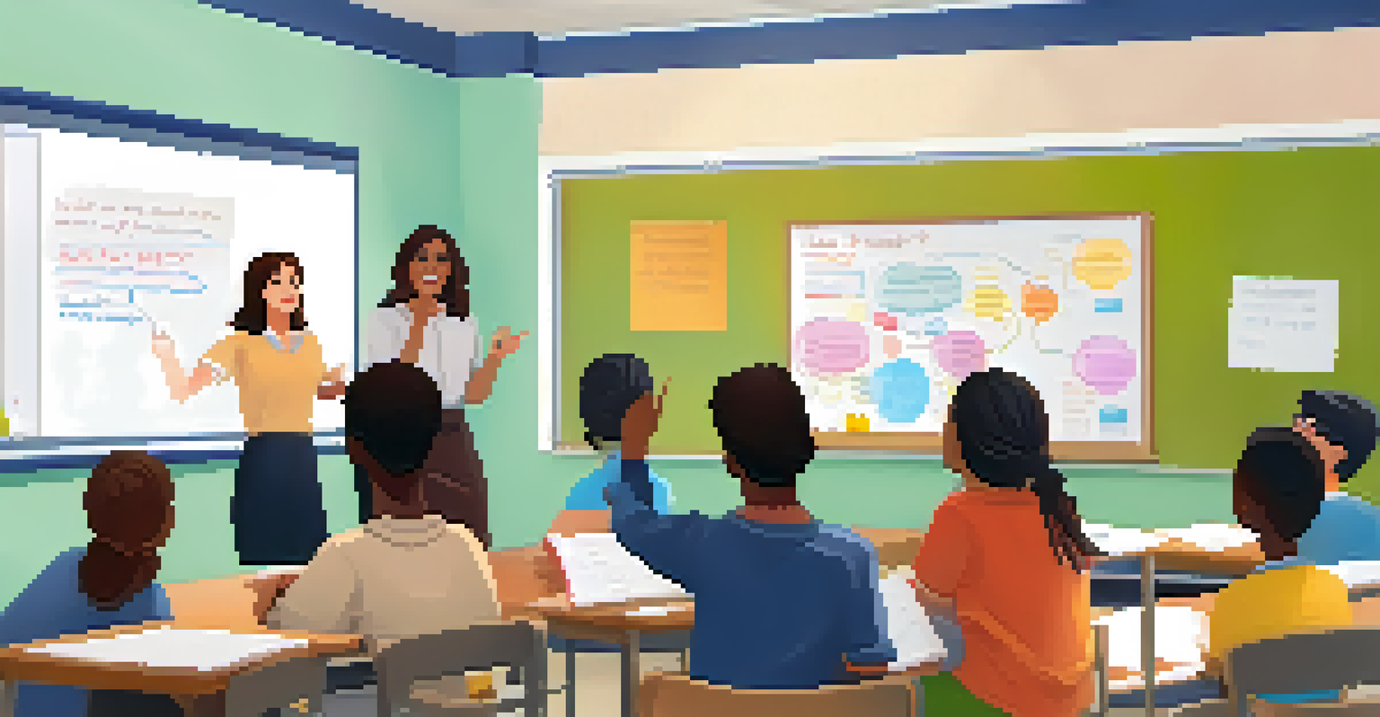 An educator guiding a classroom discussion, with students actively participating and a whiteboard with questions.