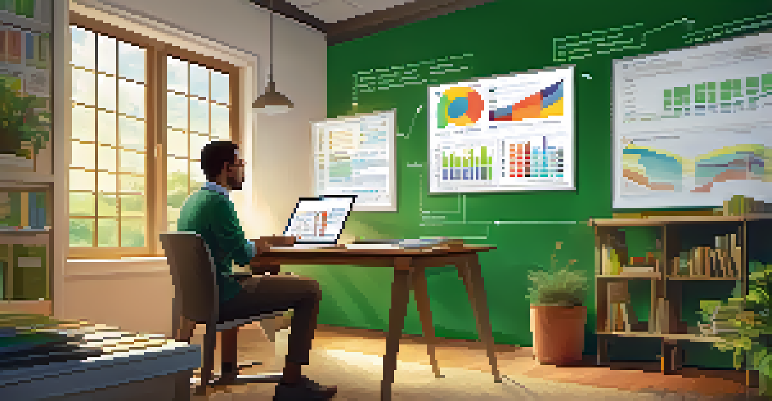 An educator reviewing student performance data on a laptop with colorful charts, in a cozy office space.