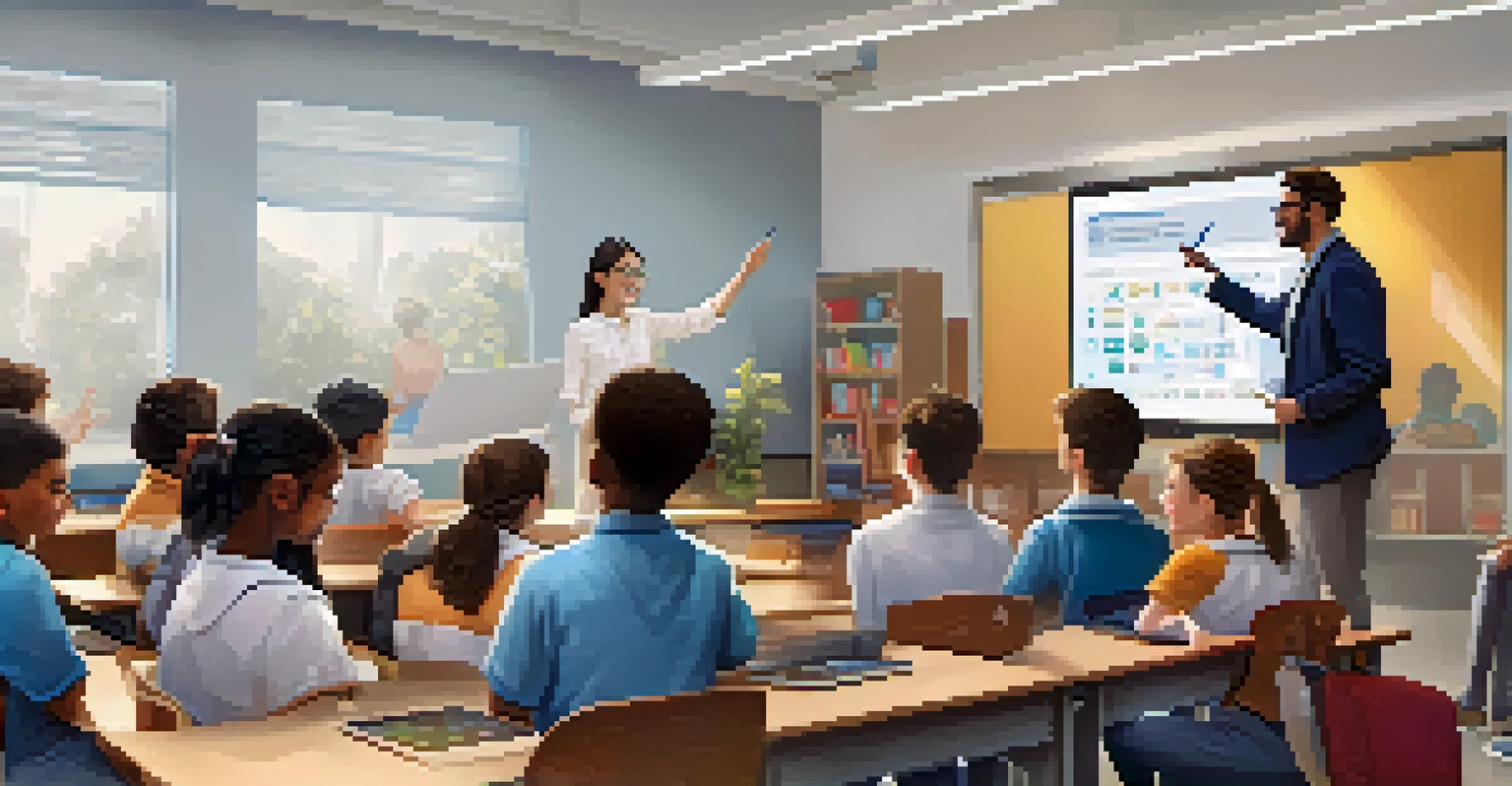 A teacher demonstrating AI technology on a tablet to a group of interested students in a modern classroom.
