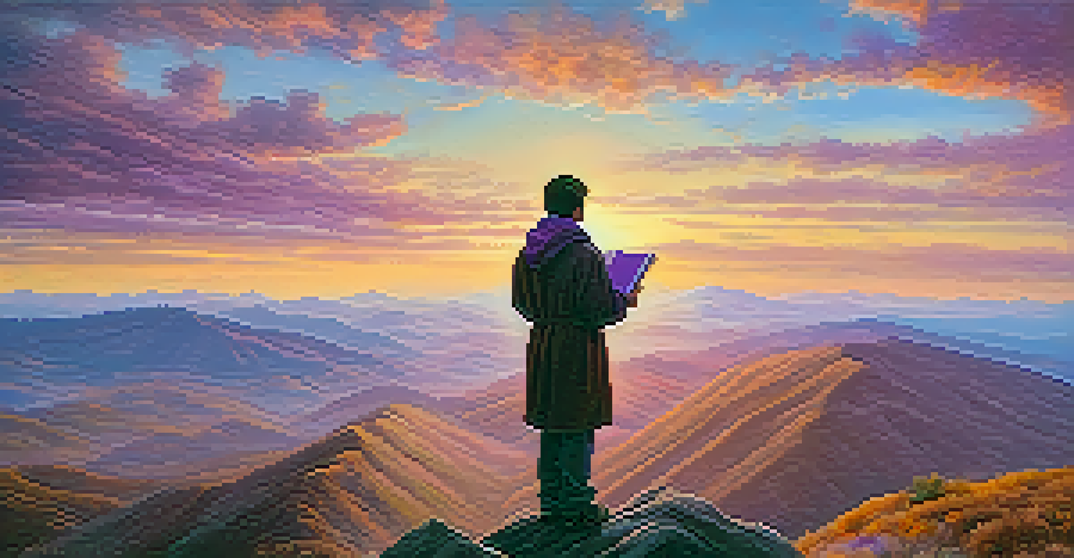 A person on a mountain peak holding a book titled 'Lifelong Learning' while watching a vibrant sunrise over the landscape.