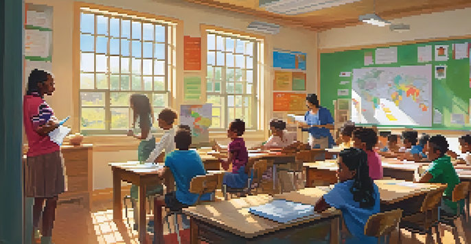 A lively classroom with diverse students engaged in interactive learning led by an enthusiastic teacher, with sunlight streaming through the windows.