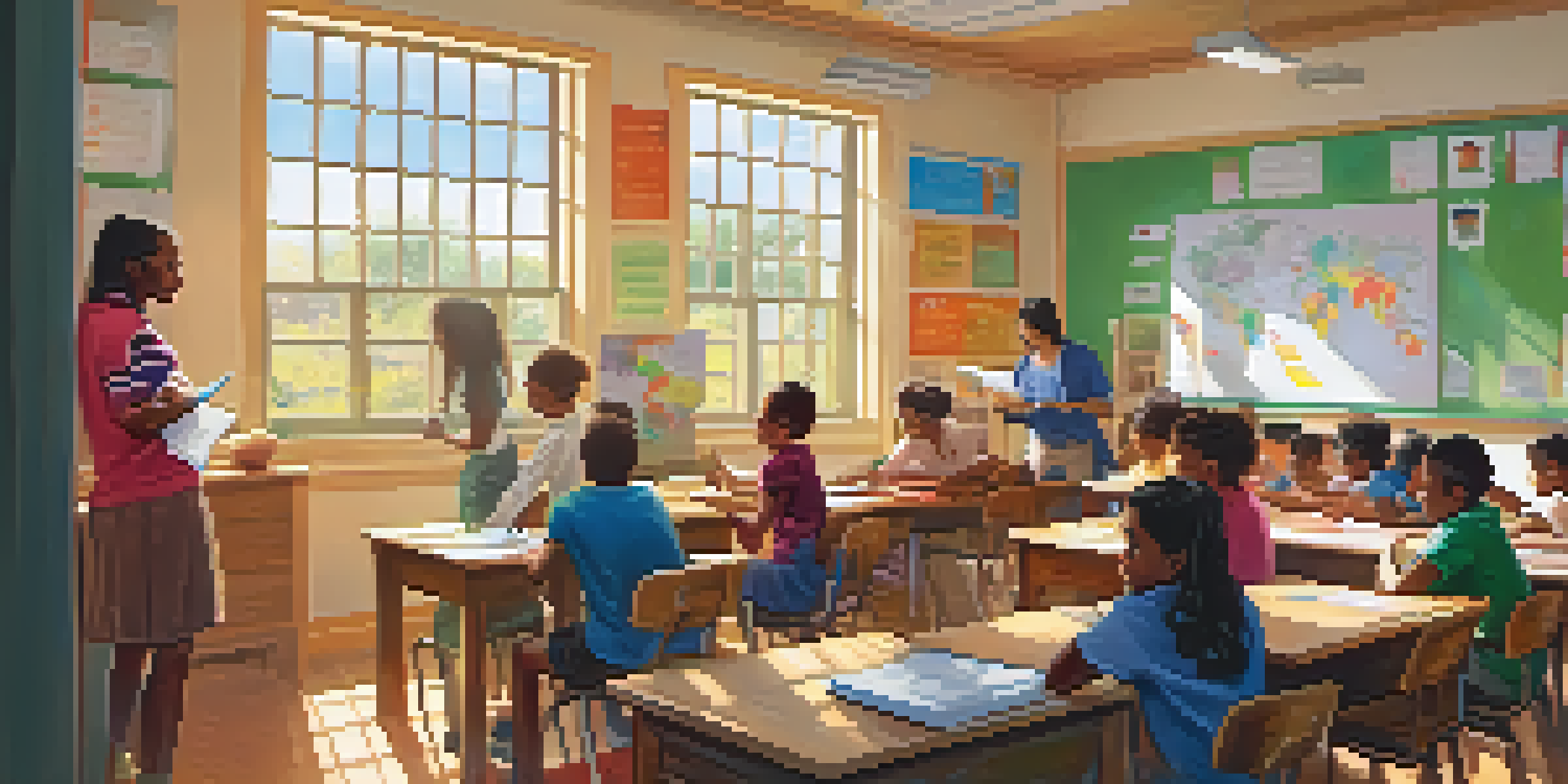 A lively classroom with diverse students engaged in interactive learning led by an enthusiastic teacher, with sunlight streaming through the windows.