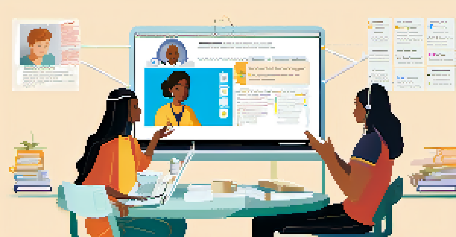 An online mentoring session on a laptop screen with a mentor and a student engaged in discussion.