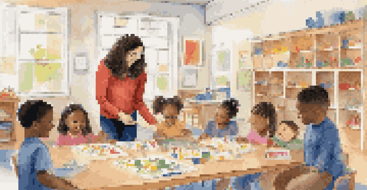An educator guiding children in a bright classroom during a diverse play-based learning activity, highlighting inclusivity and adaptive materials.
