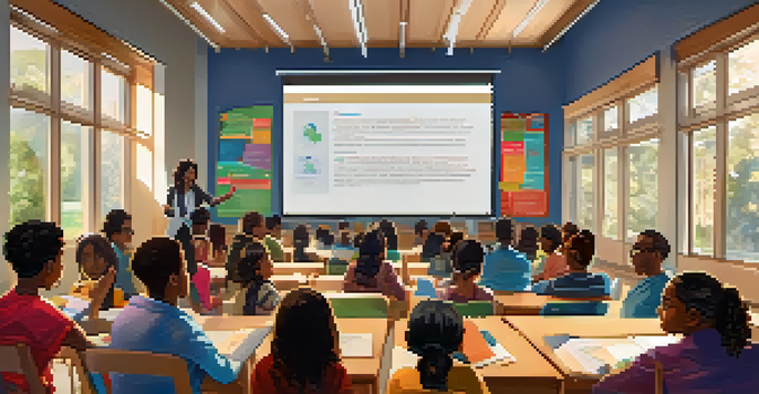 A virtual classroom with diverse students engaging in an online lecture on laptops, with a teacher displayed on a large screen.
