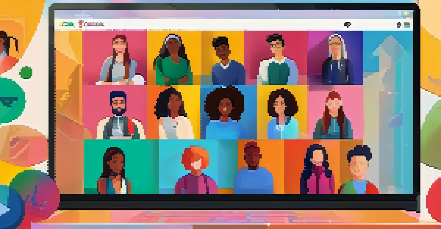 An online discussion forum with diverse student avatars engaging through video and chat on a colorful digital interface.
