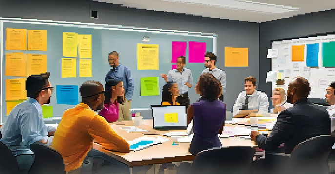 A diverse group of professionals in a bright conference room brainstorming ideas together, with sticky notes on a whiteboard.