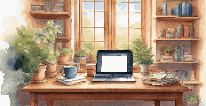 A cozy home study setup with a wooden desk, laptop, steaming tea, and a sunny garden visible through the window.