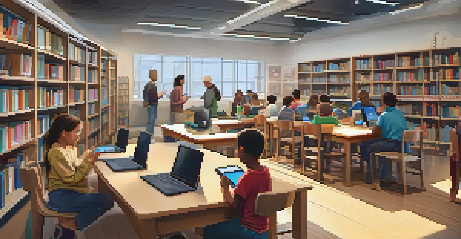 A warm and inviting community library where children and adults are participating in a digital literacy workshop using computers and tablets.