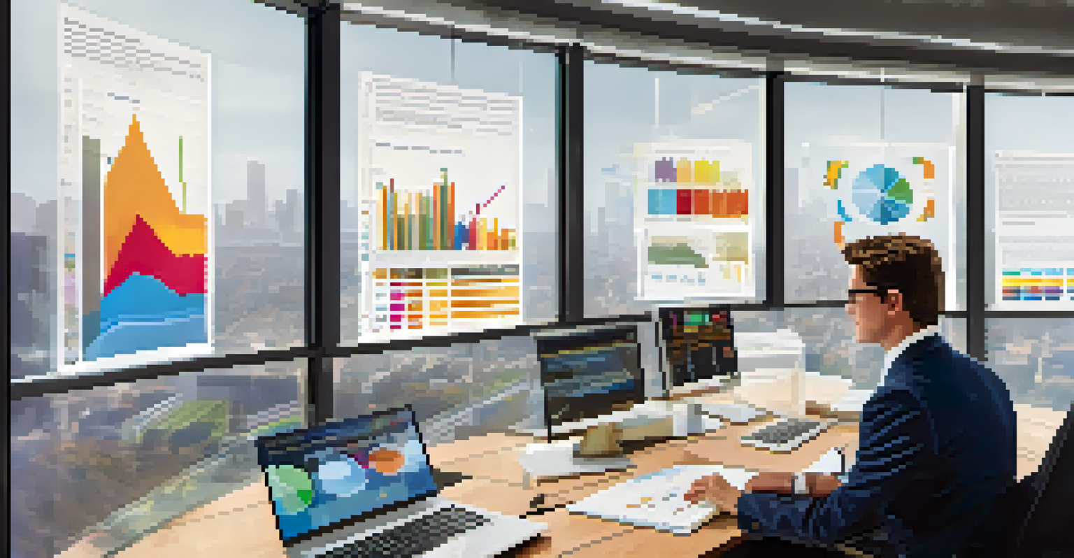 A policymaker in a modern office analyzing colorful data charts on a large screen about student performance and engagement, with a cityscape visible through the window.