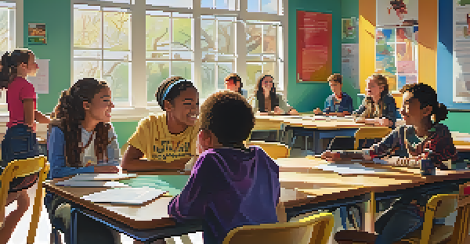 A classroom filled with students discussing together, bright sunlight illuminating their faces and colorful educational posters in the background.