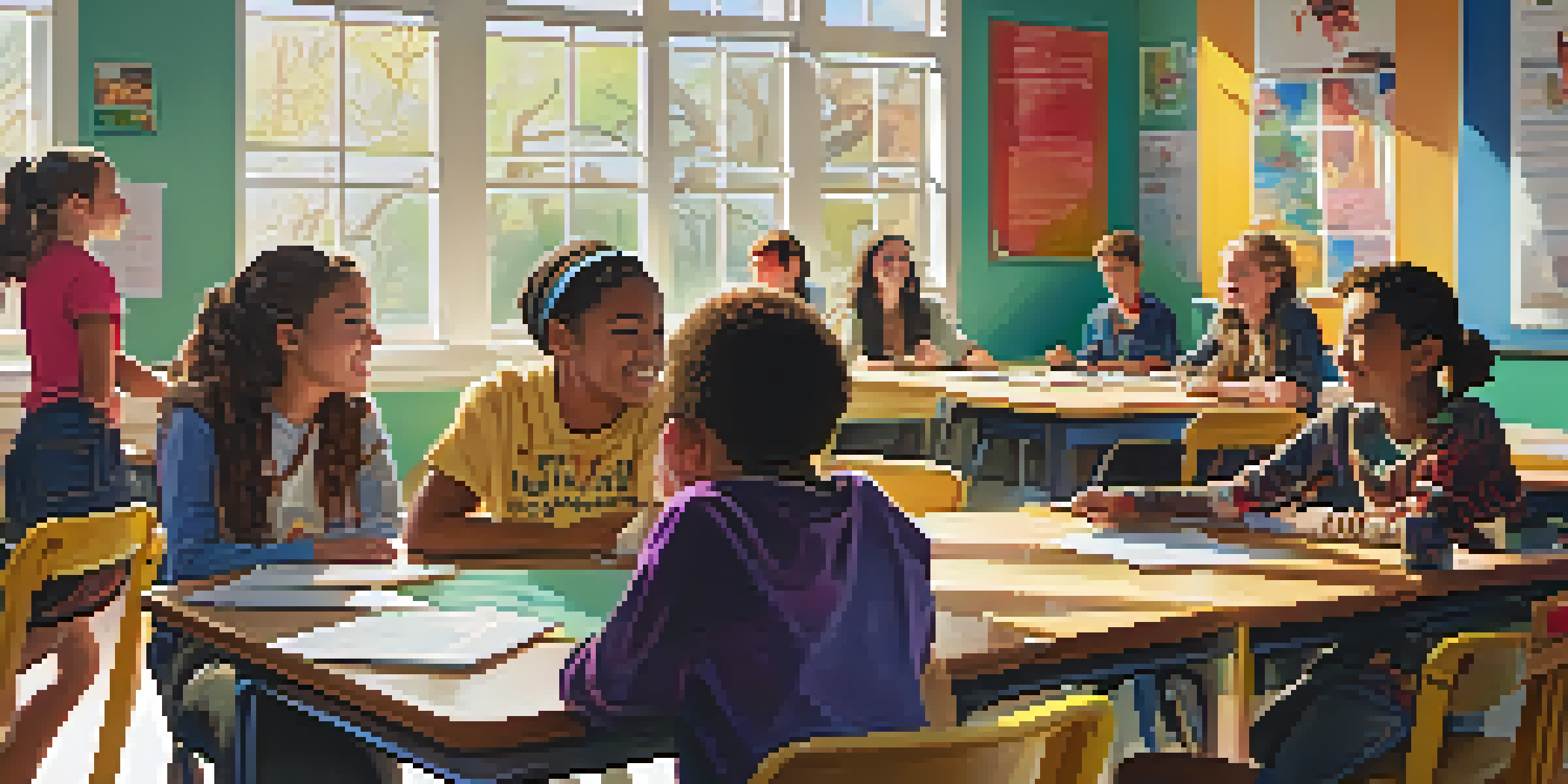 A classroom filled with students discussing together, bright sunlight illuminating their faces and colorful educational posters in the background.