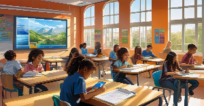 A bright and inviting classroom with diverse students using tablets and interactive screens, surrounded by educational materials.