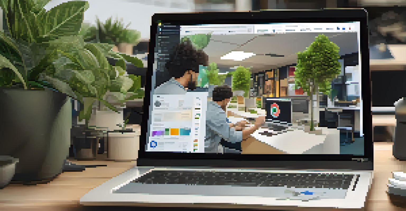 A student focused on creating a digital marketing project on a laptop, with a vibrant workspace filled with creative elements.