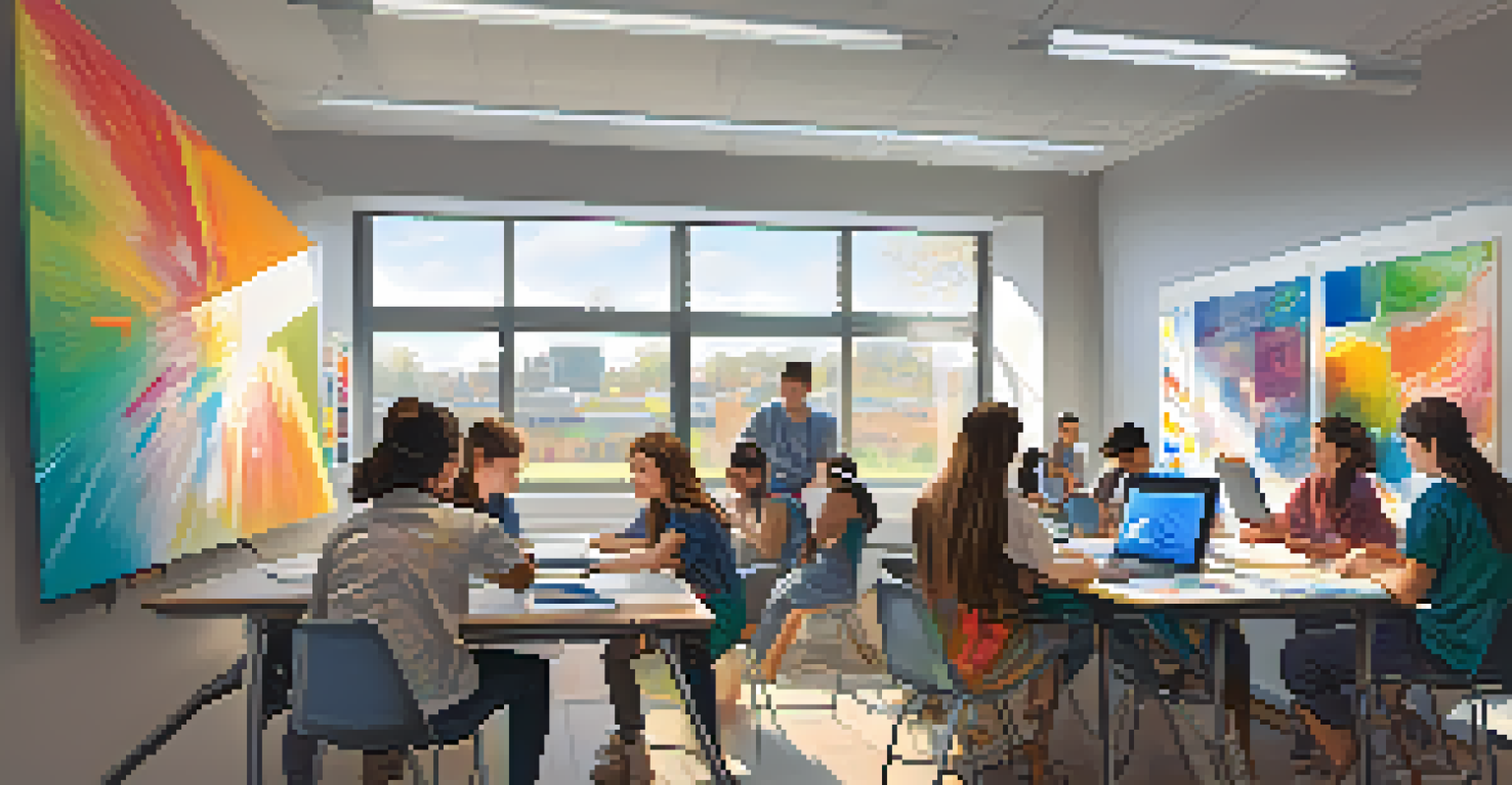 Students working together on a project, combining online research with in-person collaboration in a vibrant classroom environment.