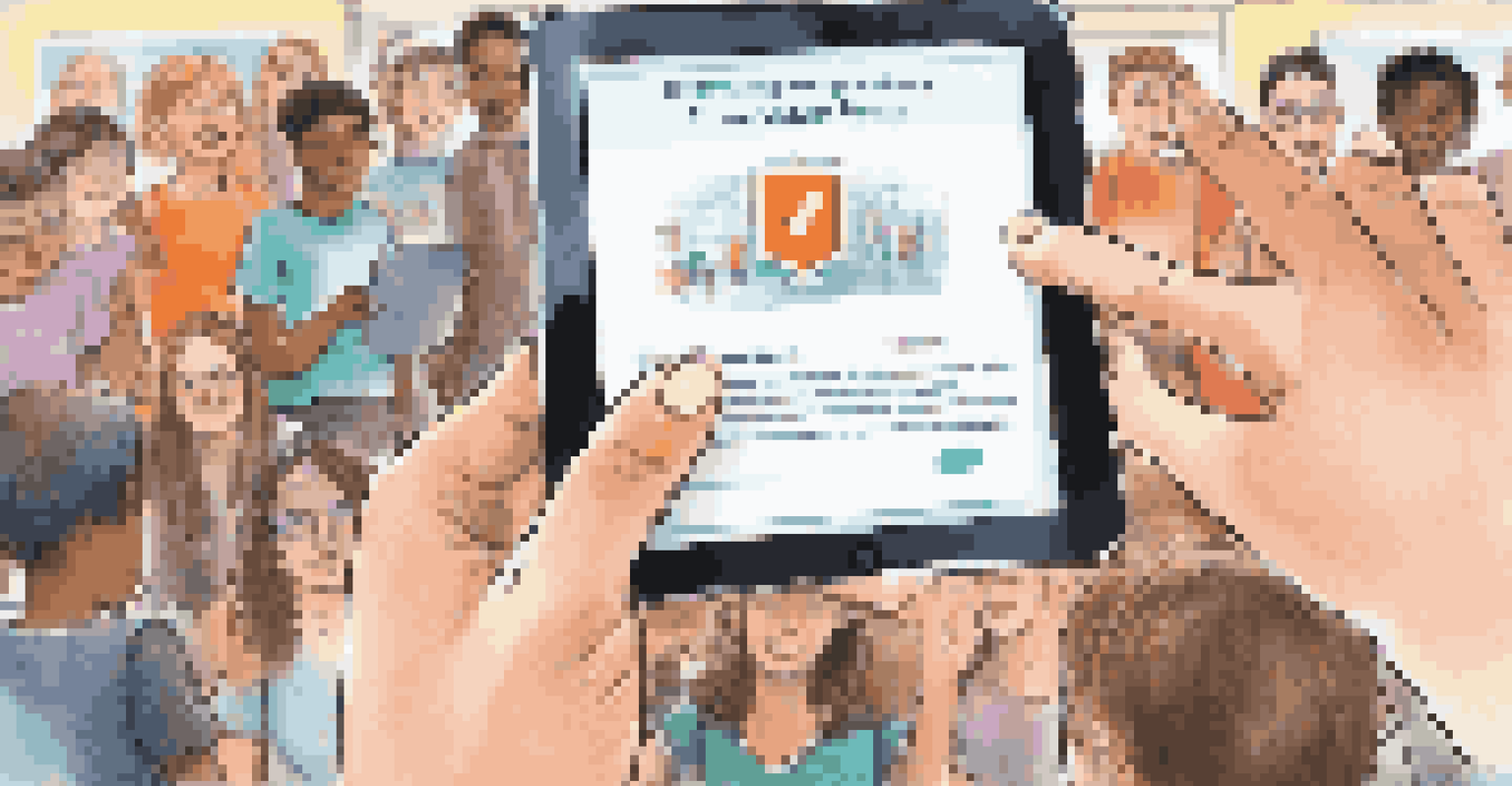 A close-up of a hand holding a tablet with a privacy policy, surrounded by students' hands in a bright classroom.