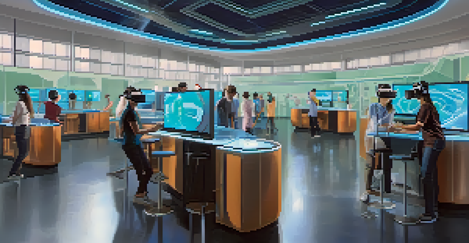 Students using virtual reality headsets in a high-tech laboratory setting, interacting with 3D models in an immersive learning experience.