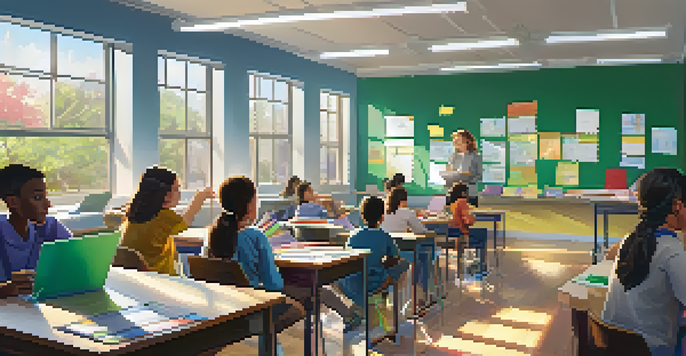 A classroom with students collaborating on a project, surrounded by colorful educational materials and bright sunlight.