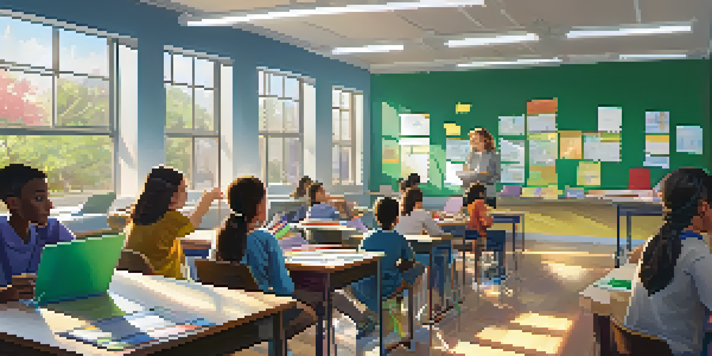 A classroom with students collaborating on a project, surrounded by colorful educational materials and bright sunlight.