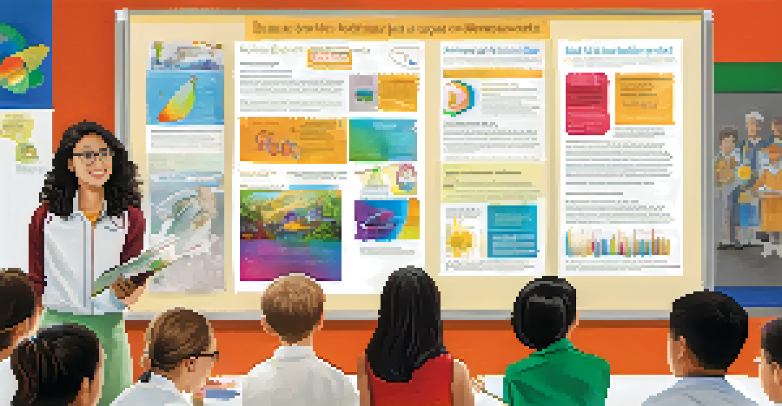 A young girl presenting an art-integrated science project at a school fair, surrounded by displays and an engaged audience.