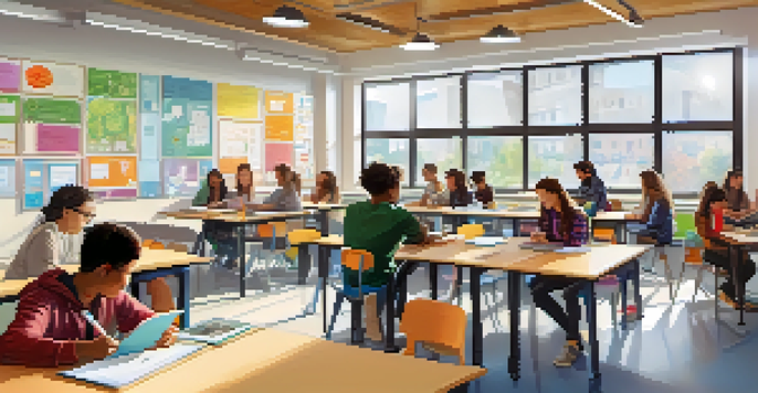 A vibrant classroom where diverse students are collaborating on adaptive learning activities, with technology integrated into the learning environment.