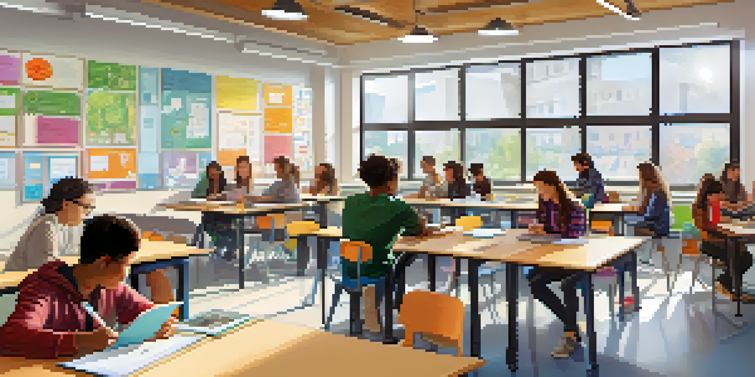 A vibrant classroom where diverse students are collaborating on adaptive learning activities, with technology integrated into the learning environment.