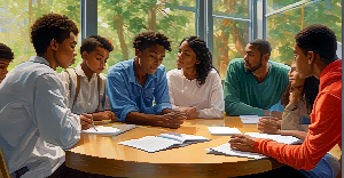 A diverse group of students in a classroom engaging in a discussion, highlighting emotional intelligence activities.